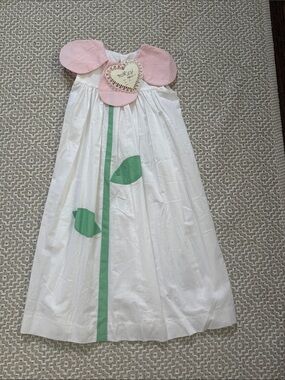 Girls White Tulip Dress with Pink Collar and Green Leaf Embroidery